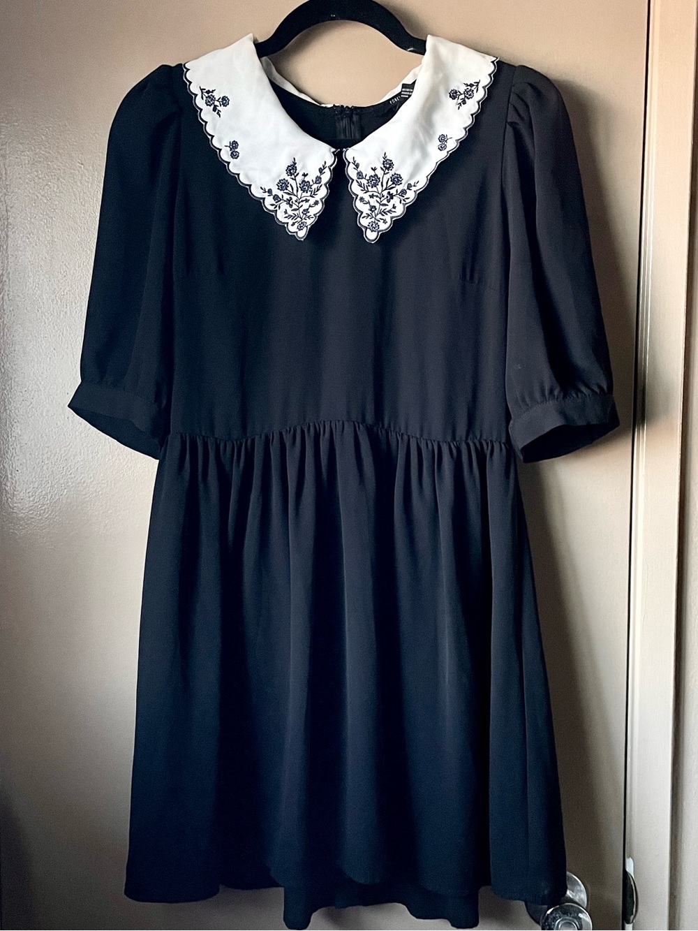 Black Babydoll Dress with Embroidered Peter Pan Collar